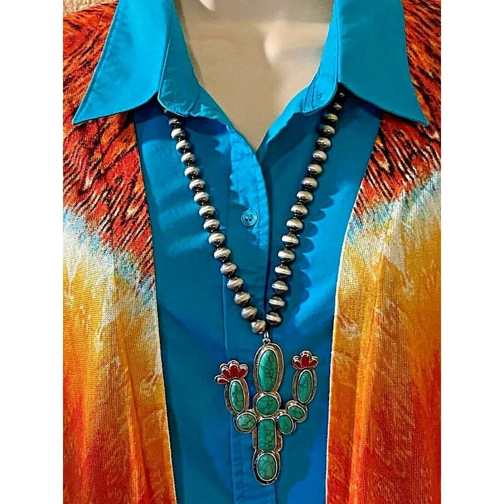 Summer Western southwest Saguaro Cactus Green Turquoise Flowers Pendant new - Picture 3 of 9